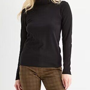 Lands'end Large Black Mock Neck Cotton T-shirt Long Sleeve Women's Stretch